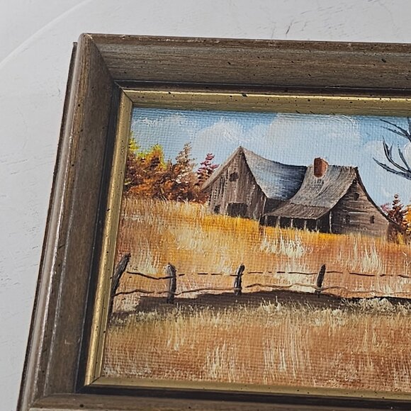 Rustic Farmhouse Landscape Oil Painting In Wooden Frame Autumn Scene Barn Tree - Picture 3 of 8